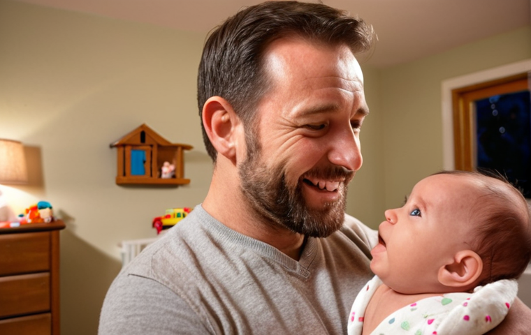**First-Time Father Experience**:
- Prompt: "A joyful first-time father gazing at his newborn baby, with a mixture of wonder and concern on his face. The background shows a cozy nursery filled with baby toys and soft lighting, capturing the essence of new parenthood."